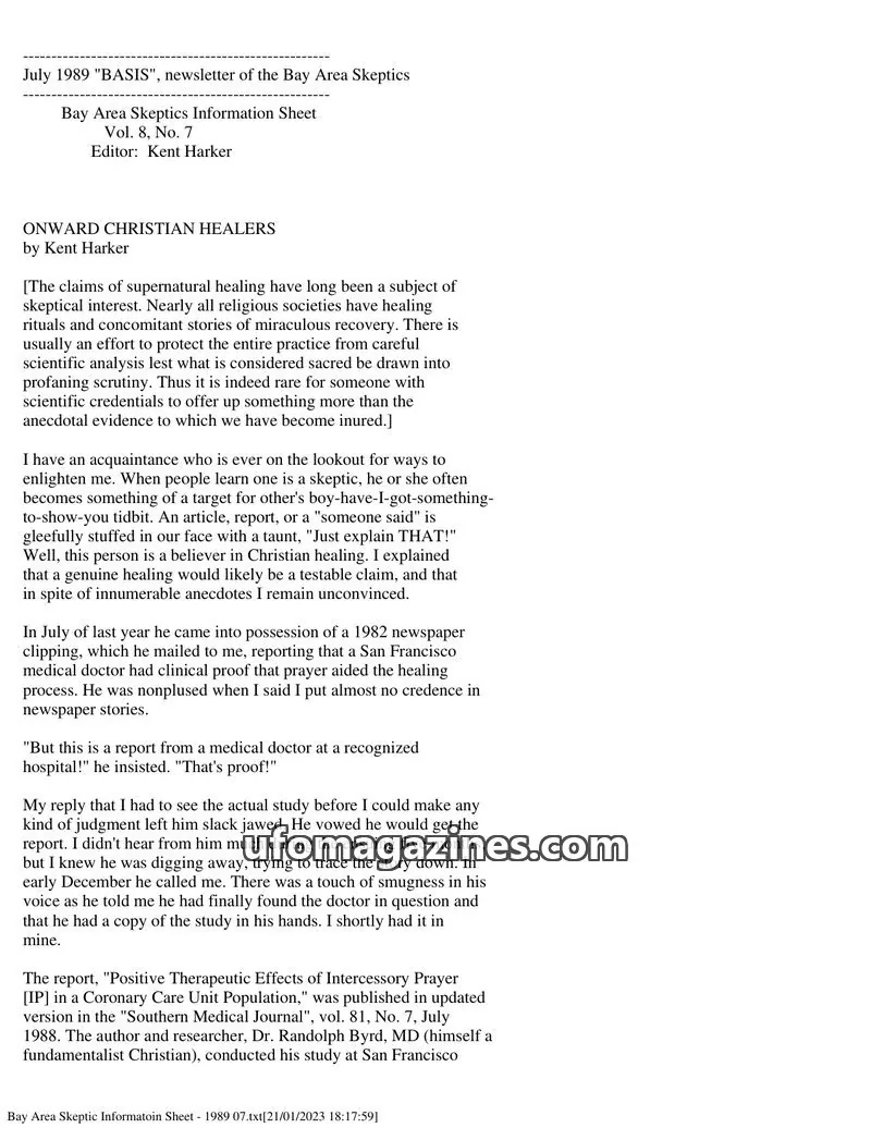 Cover of Bay Area Skeptics Information Sheet (BASIS) issue No. 7: BASIS