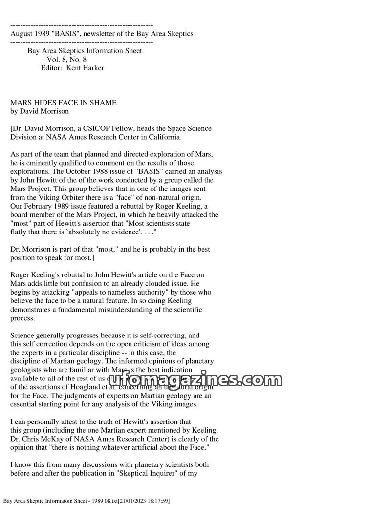 Cover of Bay Area Skeptics Information Sheet (BASIS) issue Vol. 8, No. 8: "BASIS"
