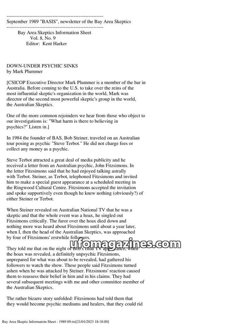Cover of Bay Area Skeptics Information Sheet (BASIS) issue Vol. 8, No. 9: BASIS
