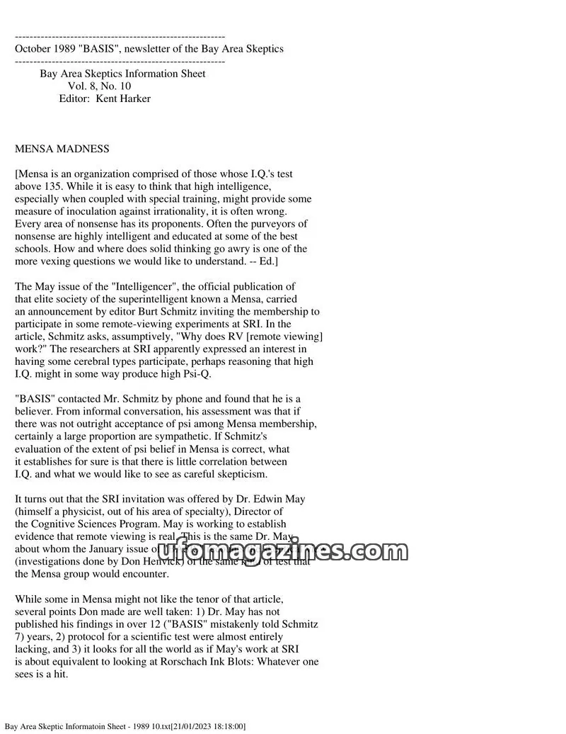 Cover of Bay Area Skeptics Information Sheet (BASIS) issue No. 10: BASIS