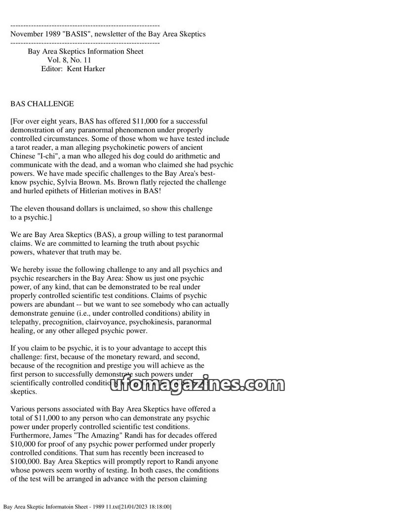 Cover of Bay Area Skeptics Information Sheet (BASIS) issue Vol. 8, No. 11: BASIS