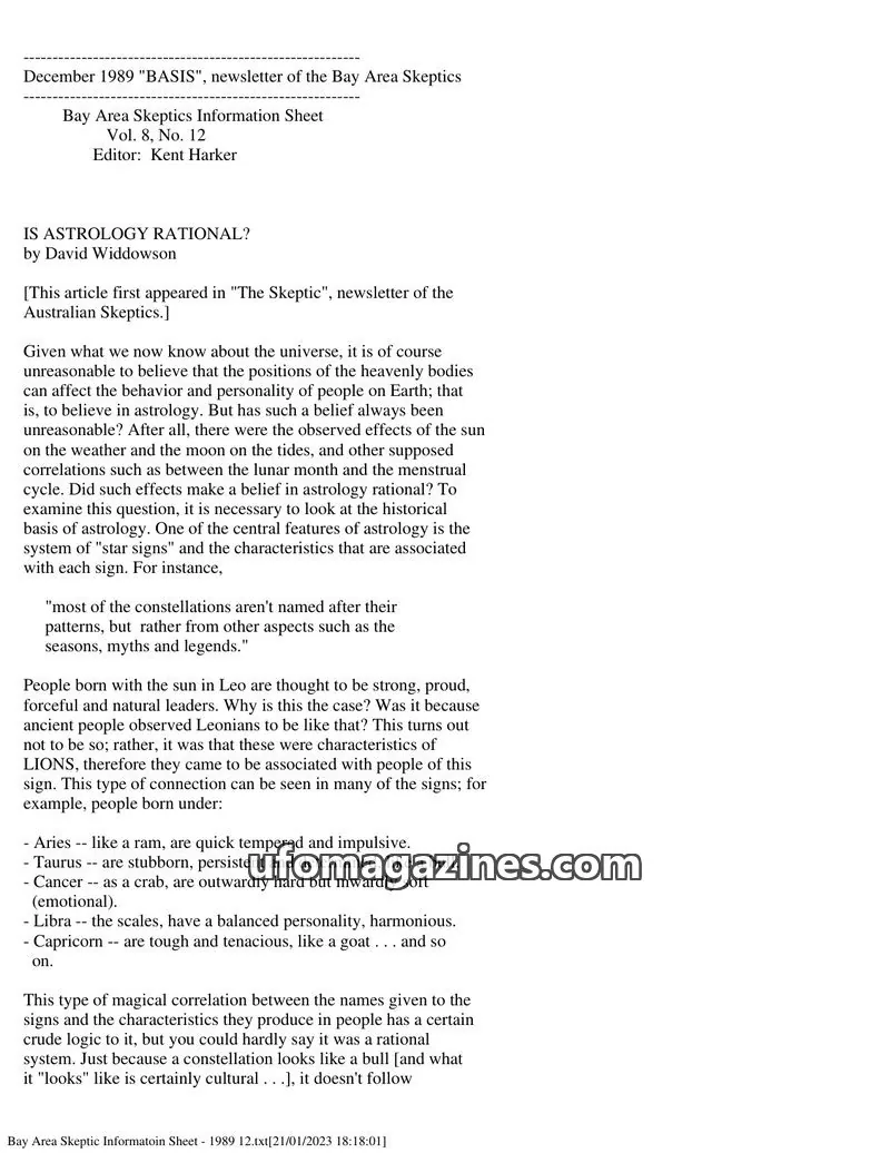 Cover of Bay Area Skeptics Information Sheet (BASIS) issue No. 12: BASIS