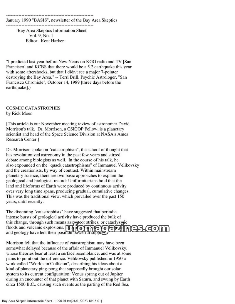Cover of Bay Area Skeptics Information Sheet (BASIS) issue Vol. 9, No. 1: BASIS