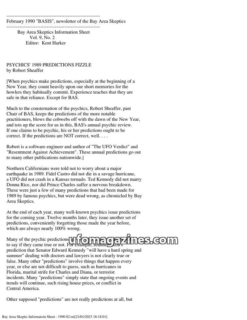 Cover of Bay Area Skeptics Information Sheet (BASIS) issue Vol. 9, No. 2: BASIS