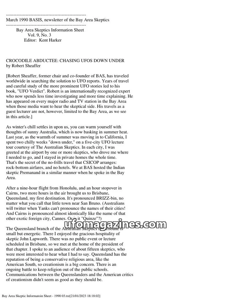 Cover of Bay Area Skeptics Information Sheet (BASIS) issue 9, No. 3: BASIS