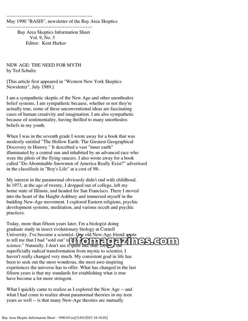 Cover of Bay Area Skeptics Information Sheet (BASIS) issue Vol. 9, No. 5: BASIS