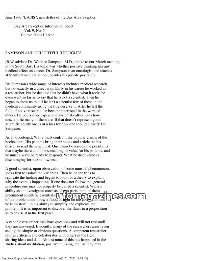 Cover of Bay Area Skeptics Information Sheet (BASIS) issue Vol. 9, No. 5: BASIS