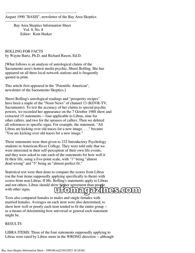 Cover of Bay Area Skeptics Information Sheet (BASIS) issue No. 8: BASIS
