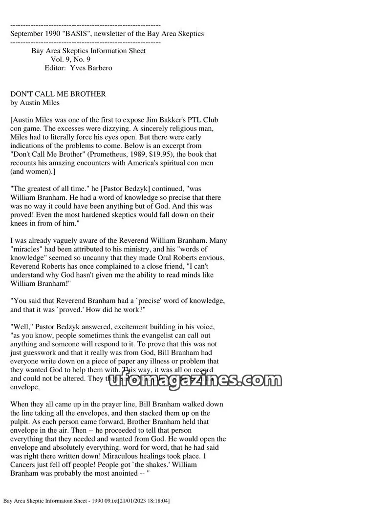Cover of Bay Area Skeptics Information Sheet (BASIS) issue Vol. 9, No. 9: BASIS