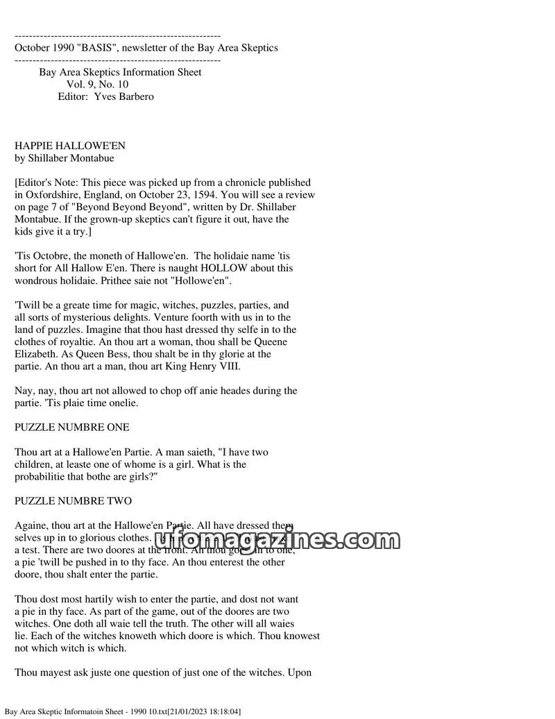 Cover of Bay Area Skeptics Information Sheet (BASIS) issue Vol. 9, No. 10: BASIS