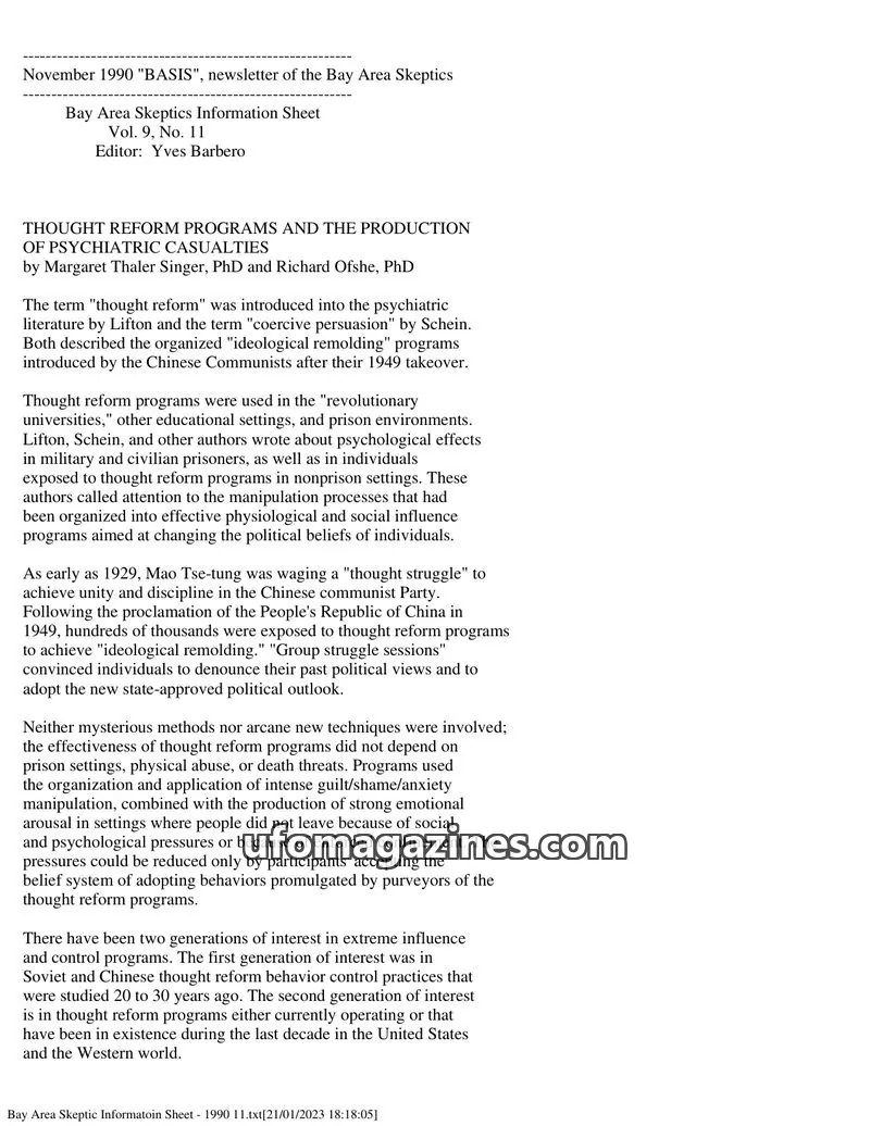 Cover of Bay Area Skeptics Information Sheet (BASIS) issue No. 11: BASIS