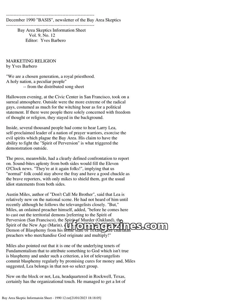Cover of Bay Area Skeptics Information Sheet (BASIS) issue Vol. 9, No. 12: BASIS