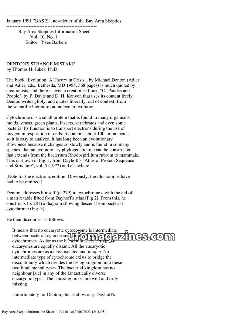 Cover of Bay Area Skeptics Information Sheet (BASIS) issue Vol. 10, No. 1: BASIS