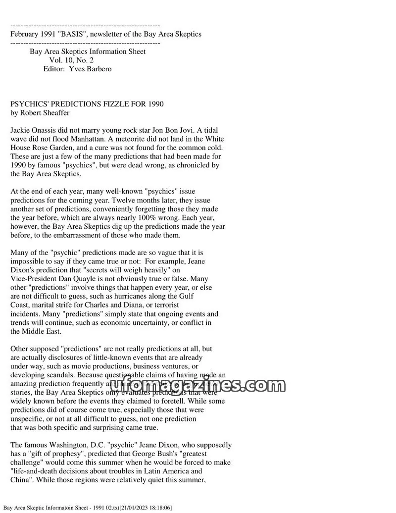 Cover of Bay Area Skeptics Information Sheet (BASIS) issue No. 2: BASIS