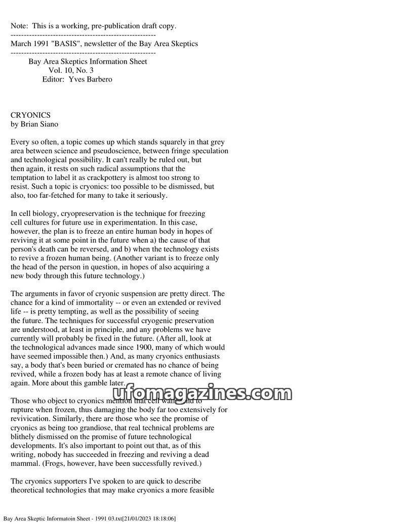 Cover of Bay Area Skeptics Information Sheet (BASIS) issue Vol. 10, No. 3: BASIS