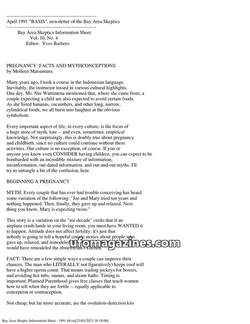 Cover of Bay Area Skeptics Information Sheet (BASIS) issue Vol. 10, No. 4: BASIS