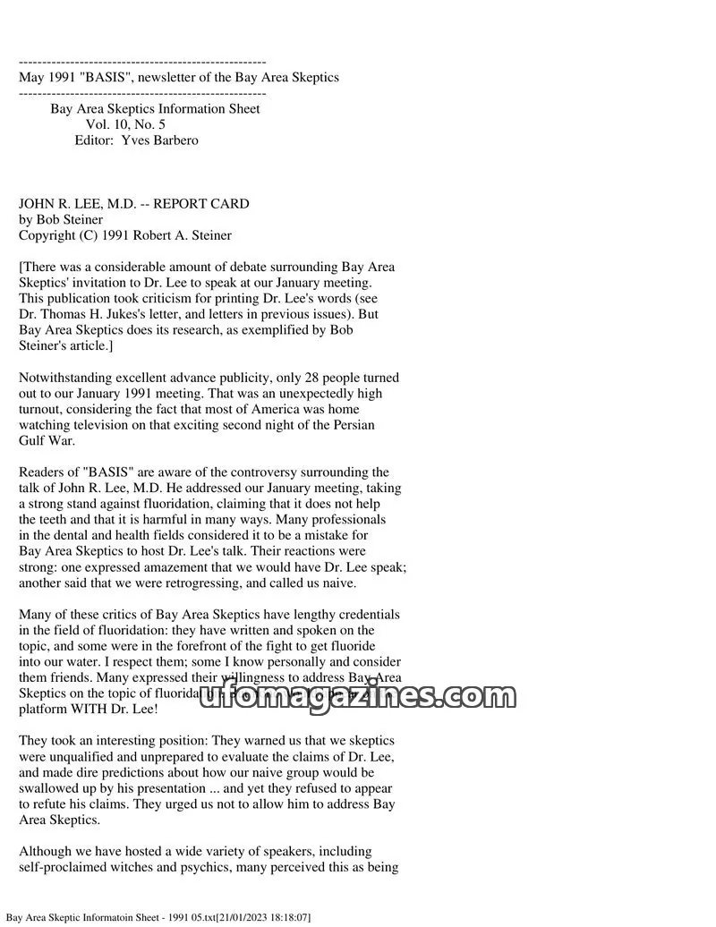 Cover of Bay Area Skeptics Information Sheet (BASIS) issue Vol. 10, No. 5: BASIS