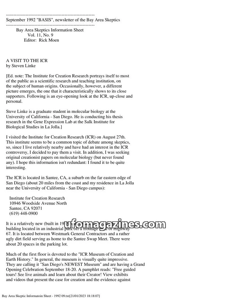 Cover of Bay Area Skeptics Information Sheet (BASIS) issue No. 9: BASIS