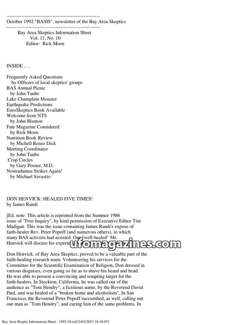 Cover of Bay Area Skeptics Information Sheet (BASIS) issue No. 10: BASIS