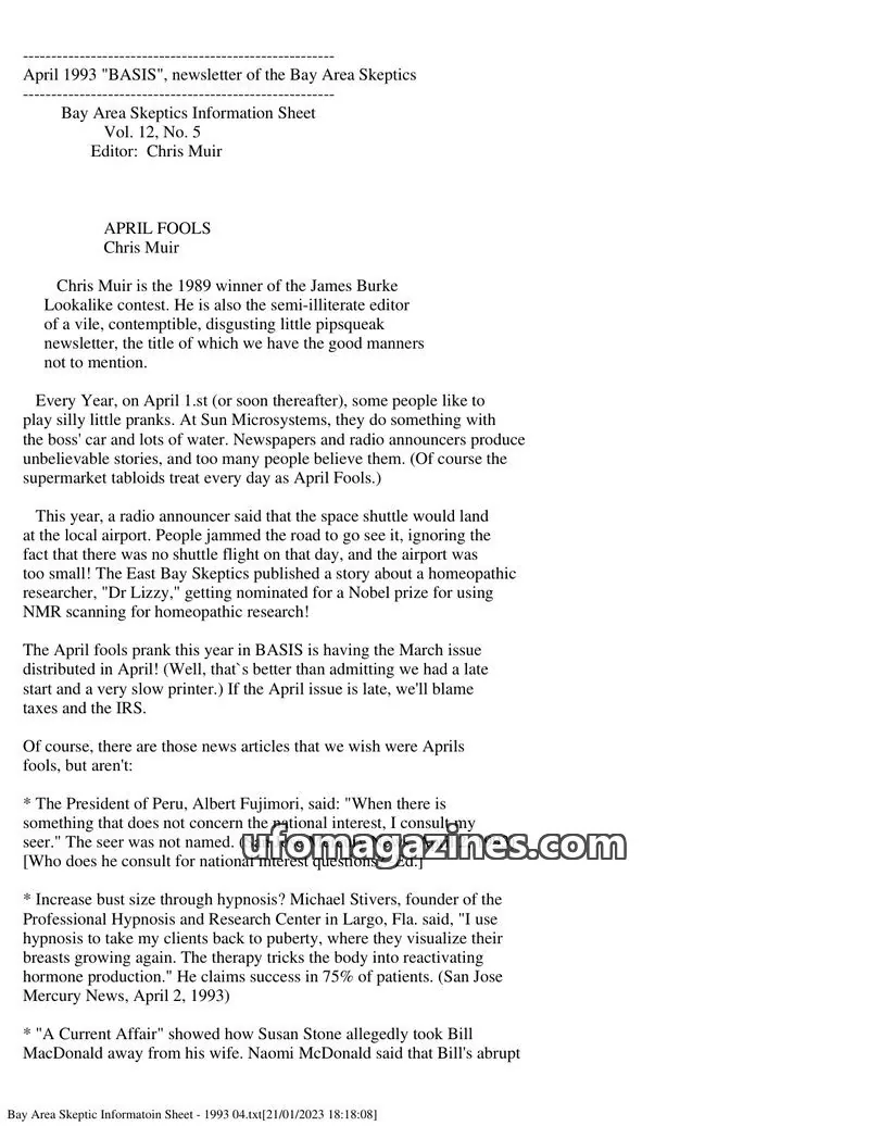 Cover of Bay Area Skeptics Information Sheet (BASIS) issue No. 5: BASIS