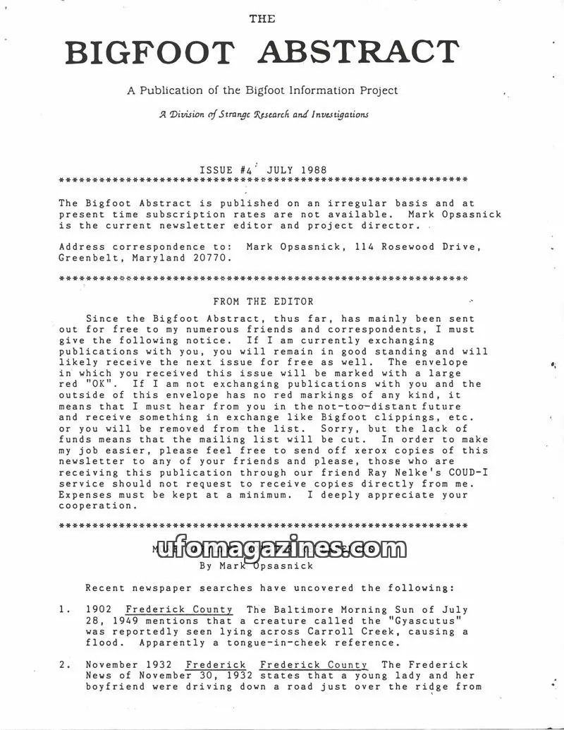 Cover of Bigfoot Abstract (Mark Opsasnick) issue 4: THE BIGFOOT ABSTRACT