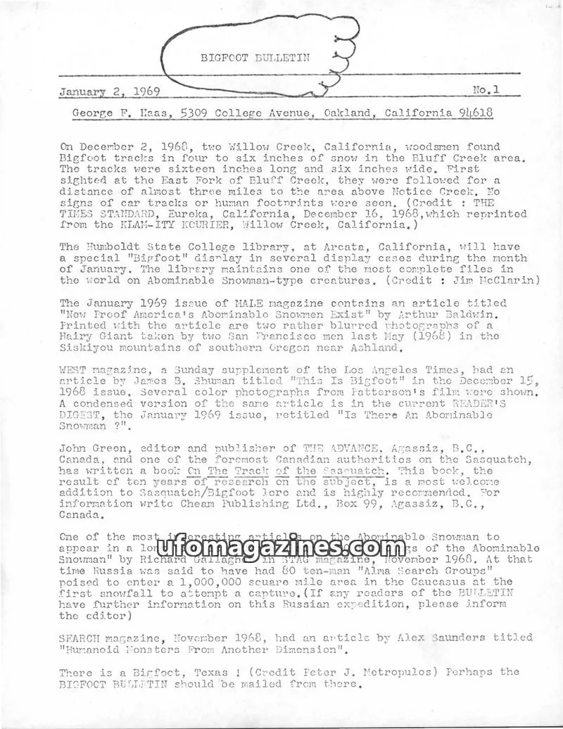 Cover of Bigfoot Bulletin (George Haas) issue No.1: BIGFOOT BULLETIN
