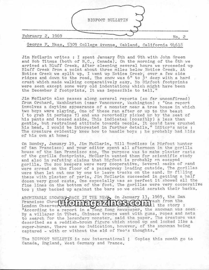 Cover of Bigfoot Bulletin (George Haas) issue No. 2: BIGFOOT BULLETIN