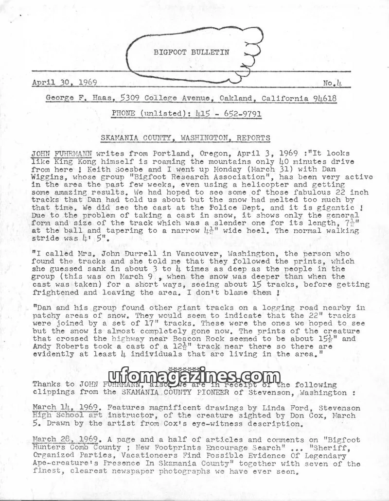 Cover of Bigfoot Bulletin (George Haas) issue No. 4: BIGFOOT BULLETIN