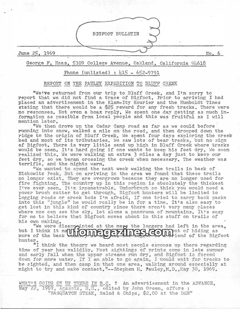 Cover of Bigfoot Bulletin (George Haas) issue No. 6: BIGFOOT BULLETIN