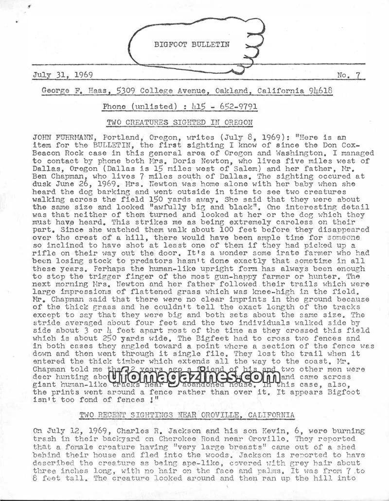 Cover of Bigfoot Bulletin (George Haas) issue 7: BIGFOOT BULLETIN