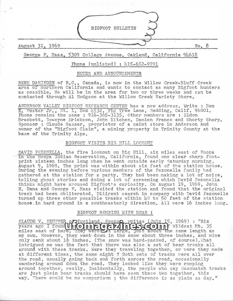 Cover of Bigfoot Bulletin (George Haas) issue No. 8: BIGFOOT BULLETIN