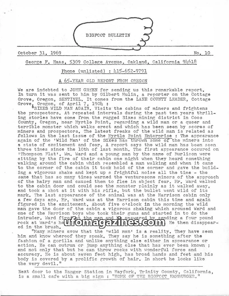 Cover of Bigfoot Bulletin (George Haas) issue No. 10: BIGFOOT BULLETIN