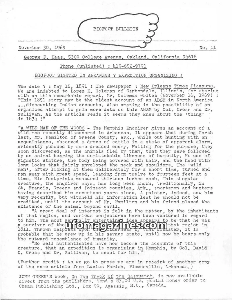 Cover of Bigfoot Bulletin (George Haas) issue No. 11: BIGFOOT BULLETIN