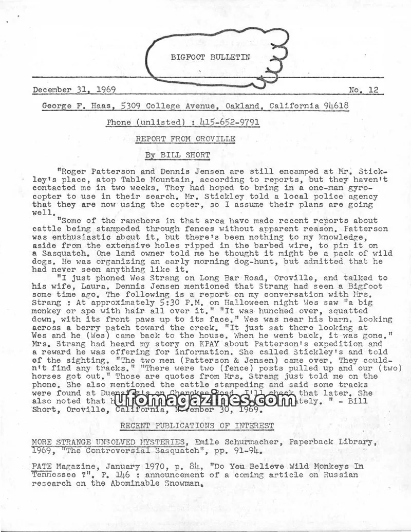 Cover of Bigfoot Bulletin (George Haas) issue No. 12: BIGFOOT BULLETIN