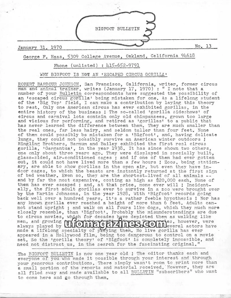 Cover of Bigfoot Bulletin (George Haas) issue No. 13: BIGFOOT BULLETIN