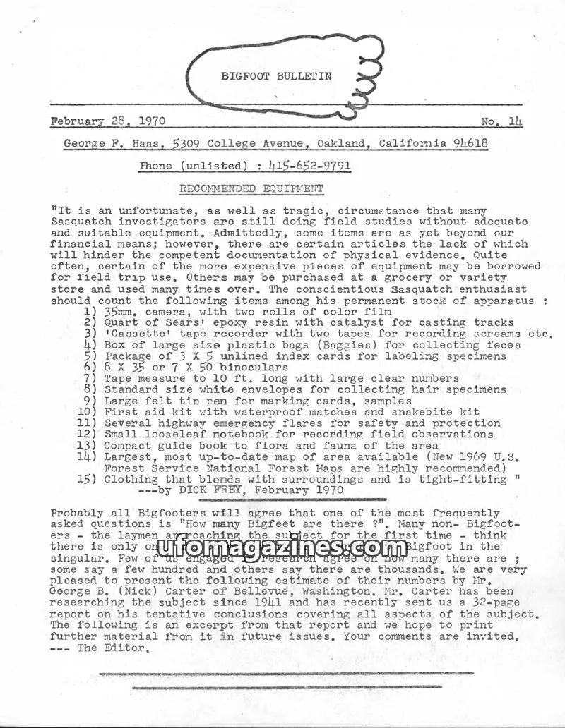 Cover of Bigfoot Bulletin (George Haas) issue 14: BIGFOOT BULLETIN