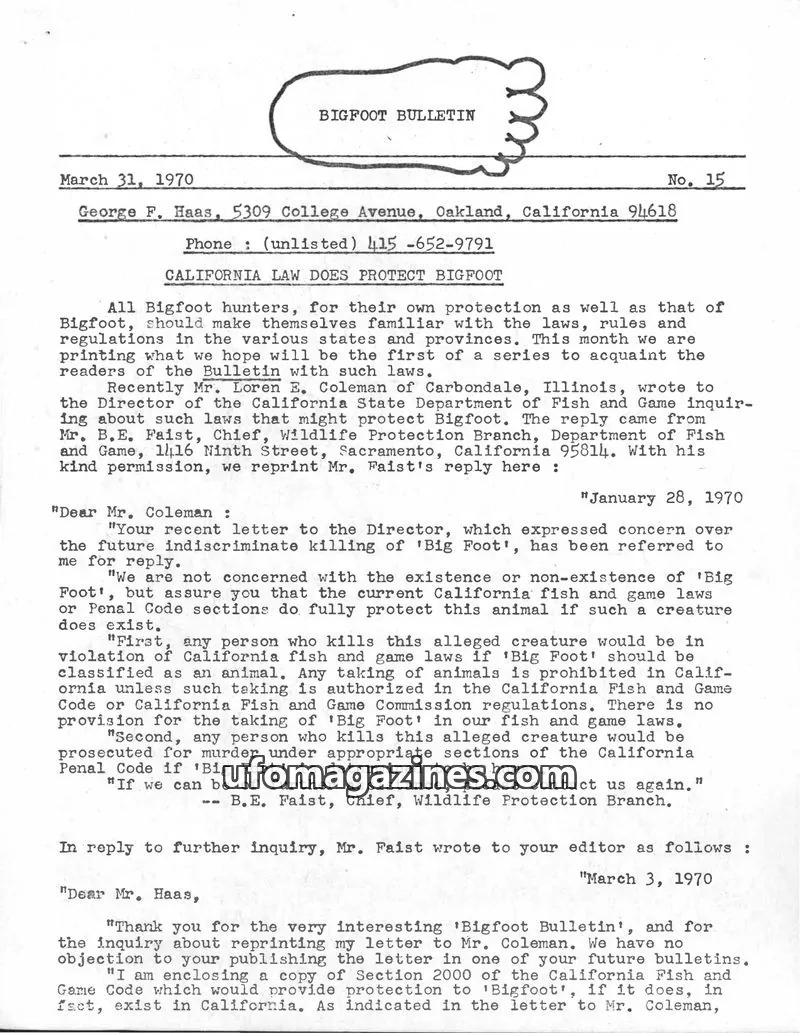 Cover of Bigfoot Bulletin (George Haas) issue 15: BIGFOOT BULLETIN