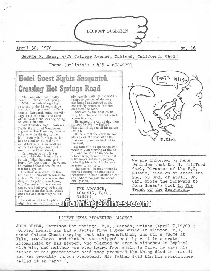 Cover of Bigfoot Bulletin (George Haas) issue 16: BIGFOOT BULLETIN