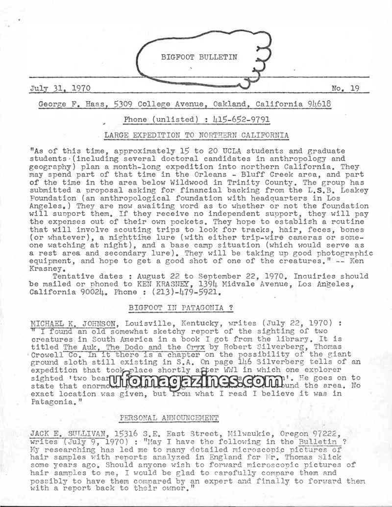 Cover of Bigfoot Bulletin (George Haas) issue No. 19: BIGFOOT BULLETIN