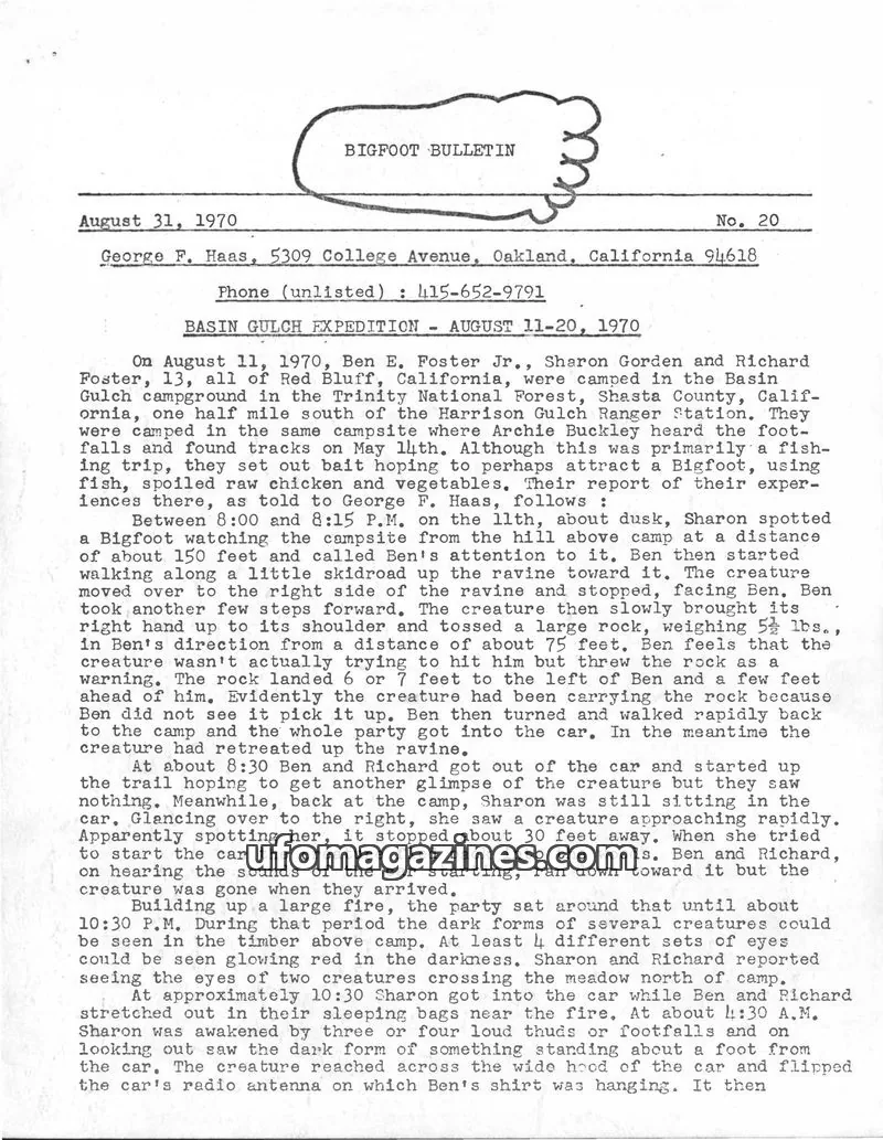 Cover of Bigfoot Bulletin (George Haas) issue 20: BIGFOOT BULLETIN