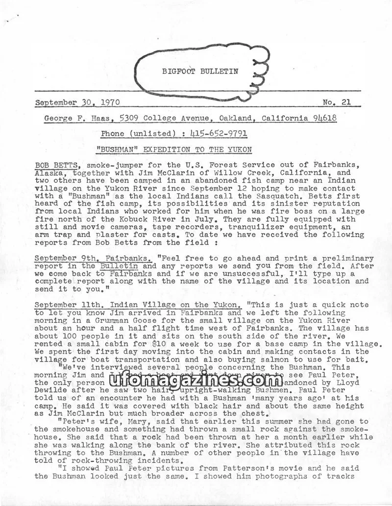Cover of Bigfoot Bulletin (George Haas) issue No. 21: BIGFOOT BULLETIN