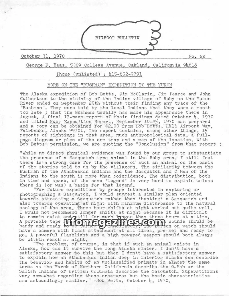 Cover of Bigfoot Bulletin (George Haas) issue No. 22: BIGFOOT BULLETIN