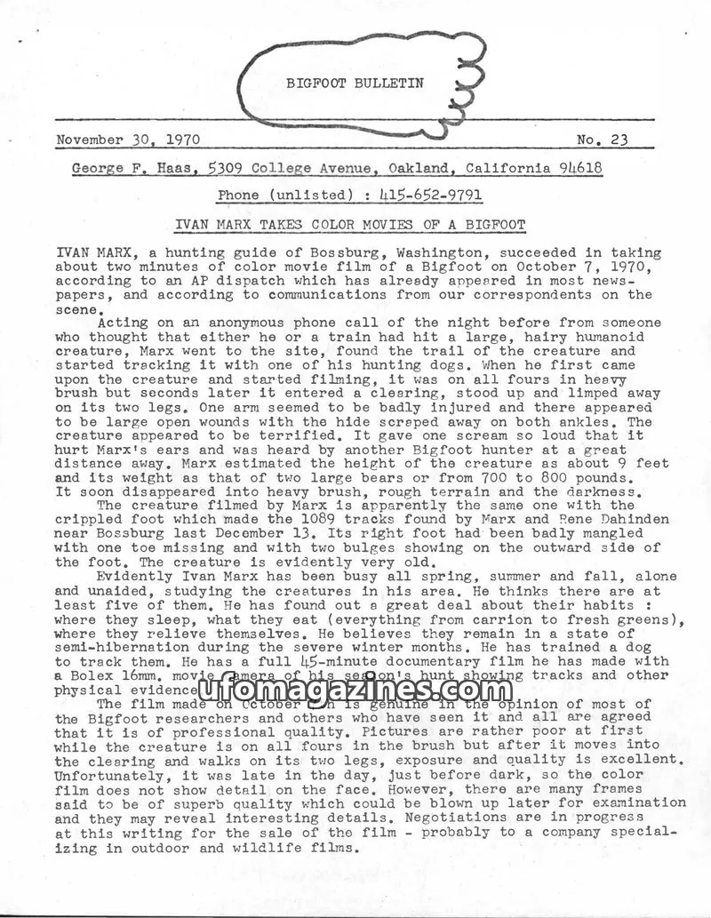 Cover of Bigfoot Bulletin (George Haas) issue 23: BIGFOOT BULLETIN
