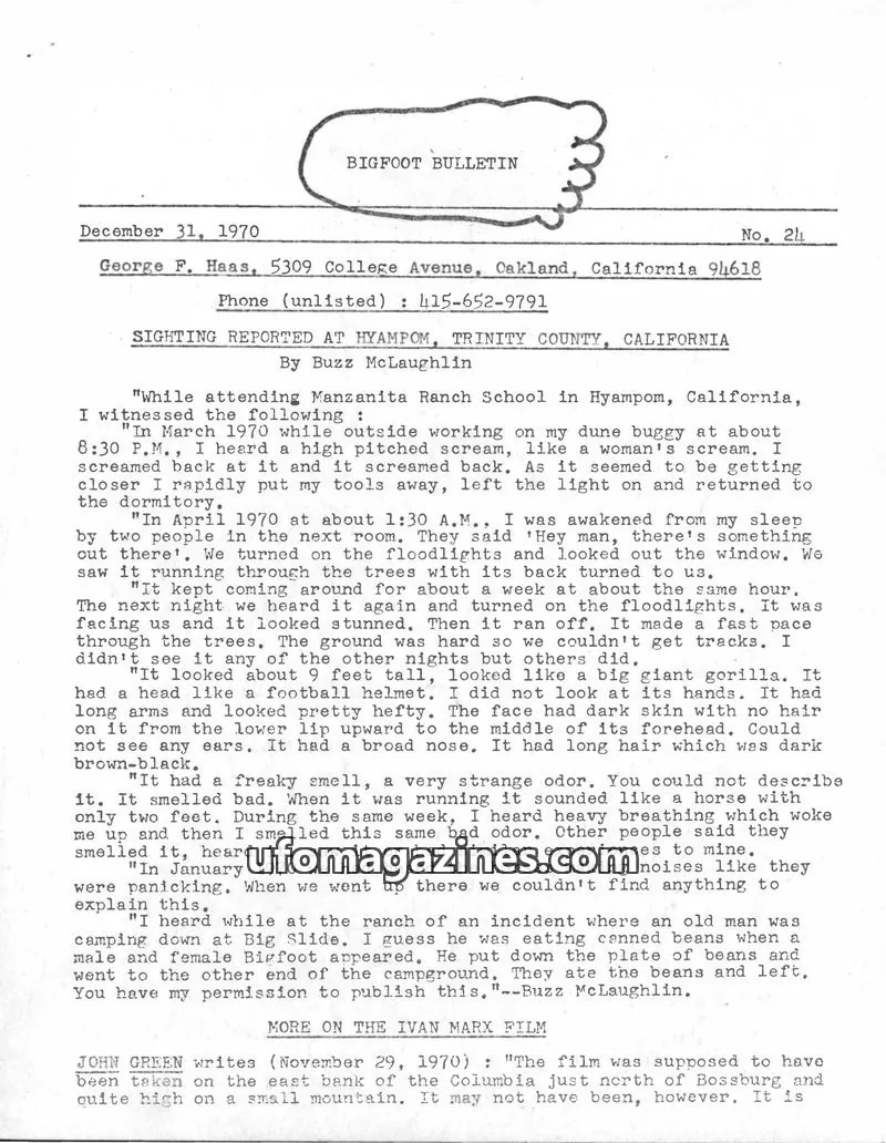 Cover of Bigfoot Bulletin (George Haas) issue No. 24: BIGFOOT BULLETIN