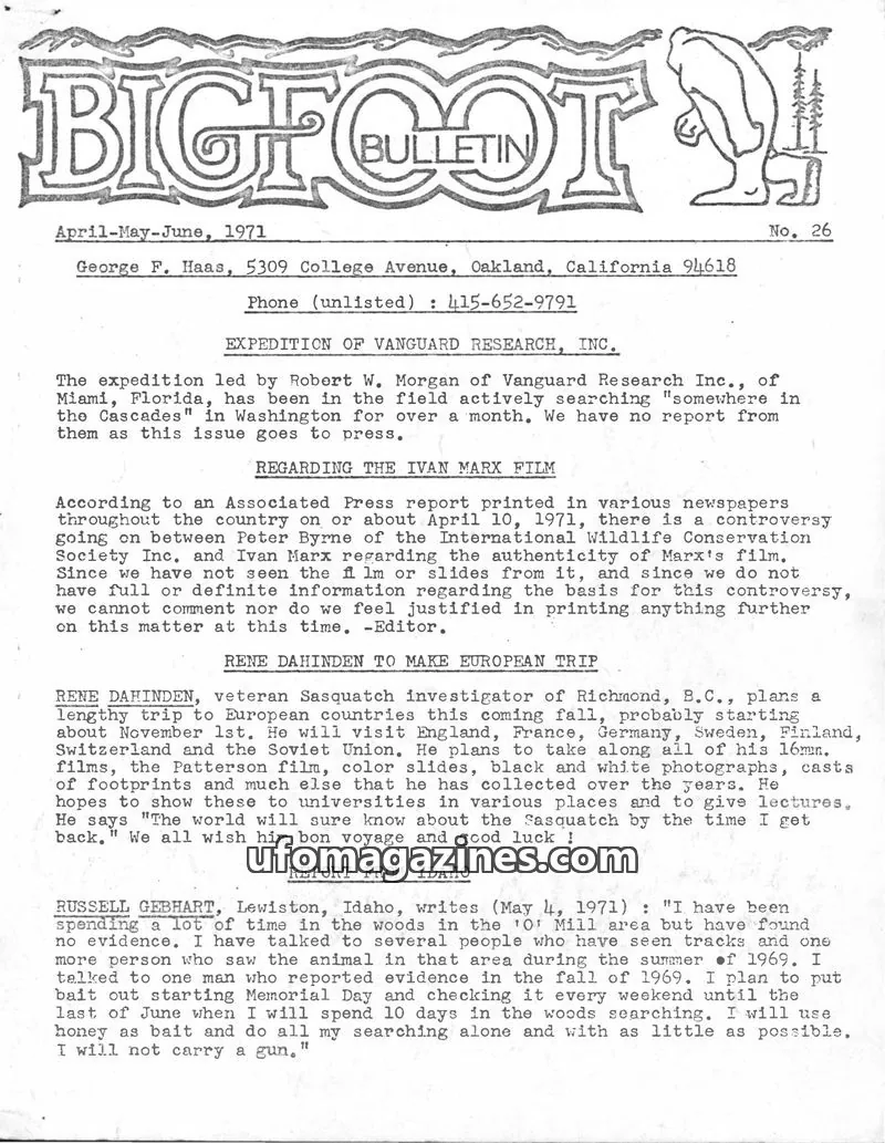 Cover of Bigfoot Bulletin (George Haas) issue No. 26: BIGFOOT BULLETIN
