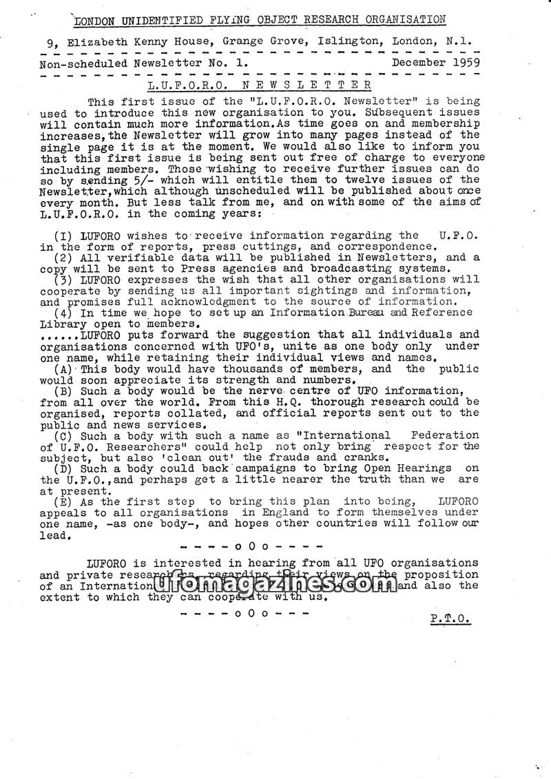 Cover of BUFORA - 1959-1963 LUFORO BULLETIN Vols.1 to 4 issue No. 1: L.U.F.O.R.O. NEWSLETTER