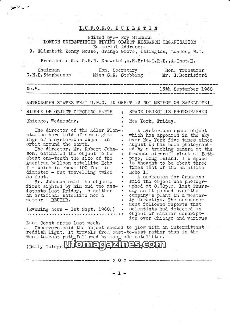 Cover of BUFORA - 1959-1963 LUFORO BULLETIN Vols.1 to 4 issue No.8: L.U.F.O.R.O. BULLETIN