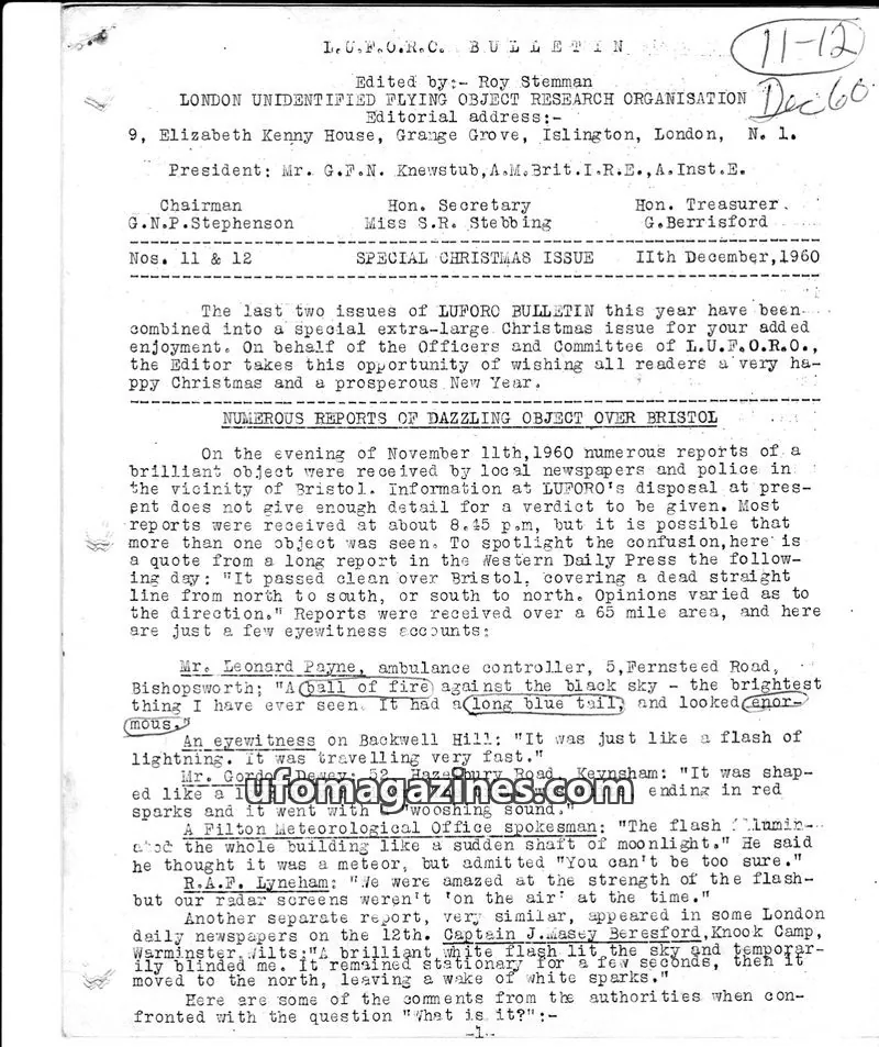 Cover of BUFORA - 1959-1963 LUFORO BULLETIN Vols.1 to 4 issue 11 & 12: L.U.F.O.R.C. BULLETIN