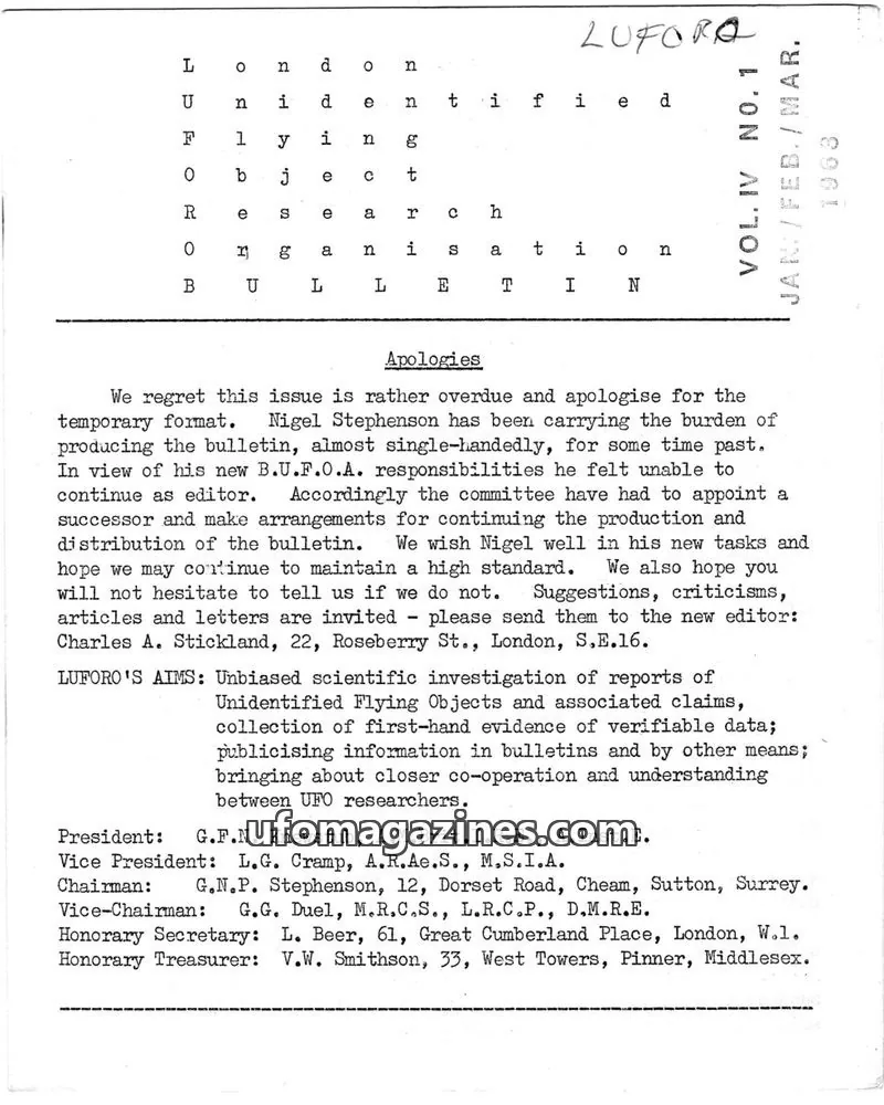 Cover of BUFORA - 1959-1963 LUFORO BULLETIN Vols.1 to 4 issue VOL. IV NO.1: LUFORA BULLETIN