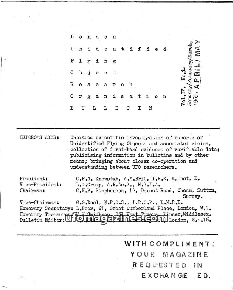 Cover of LUFORO issue Vol. IV, No. 2: London Unidentified Flying Object Research Organisation Bulletin
